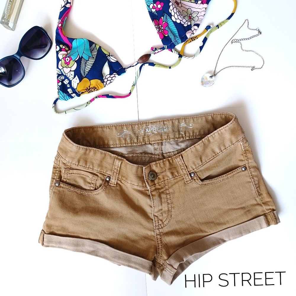 EXPRESS Shorts Stretch Low Rise Cuff Tan Denim Jean 2